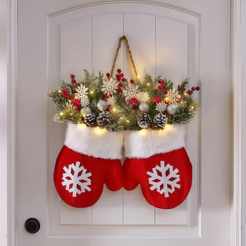 Christmas gloves wreath ornament displayed on door from Gallery of Use