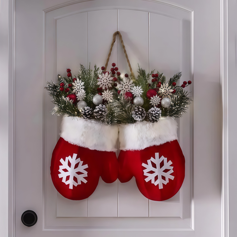 Christmas gloves wreath ornament displayed on door from Gallery of Use