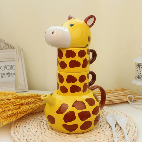 Cute Giraffe Stackable Ceramic Tea Mug Set (Pot + Cup)