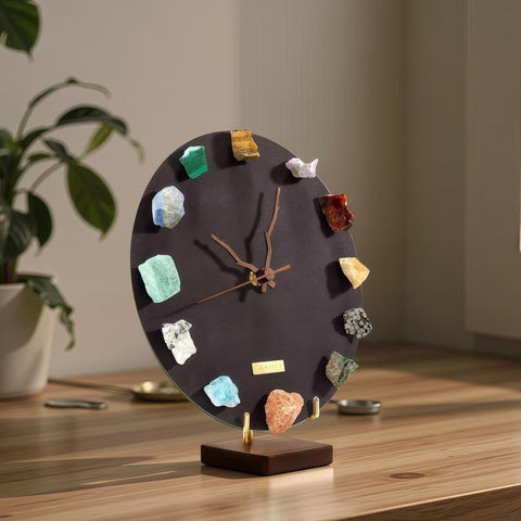Natural Mineral Specimen Clock with Wooden Base