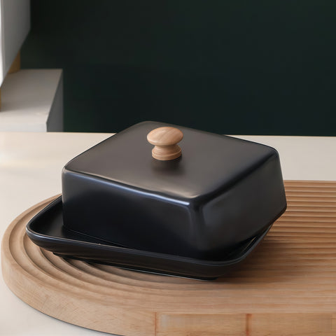 close-up of clean ceramic lid and glossy butter dish texture