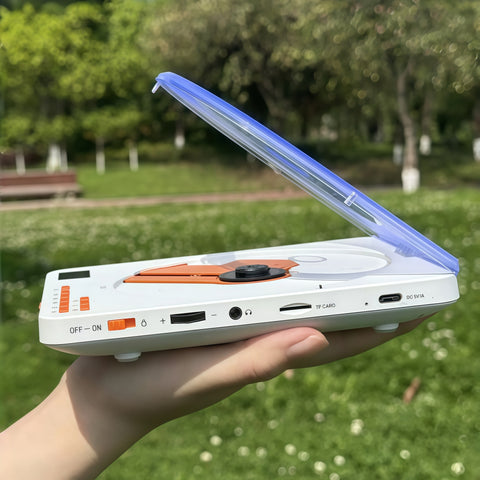 close-up of slim CD player body and carry-friendly design