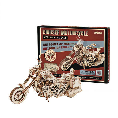 assembled wooden motorcycle puzzle placed on desk for creative fun