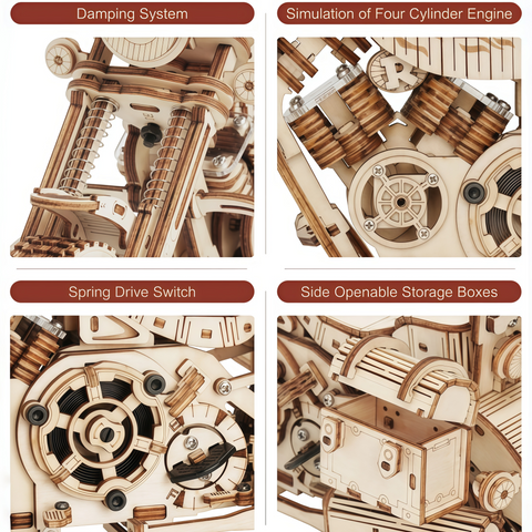 close-up of wooden puzzle parts and intricate motorcycle details