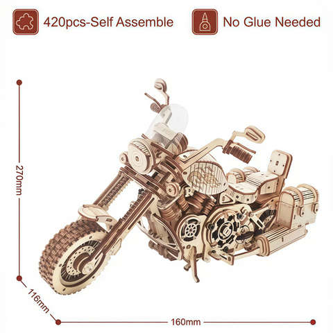 close-up of wooden puzzle parts and intricate motorcycle details
