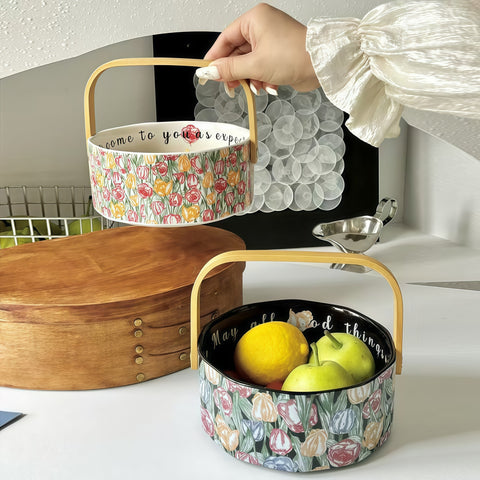 Vintage Ceramic Handled Fruit Basket Bowl