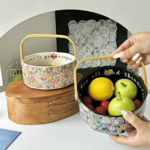Vintage Ceramic Handled Fruit Basket Bowl