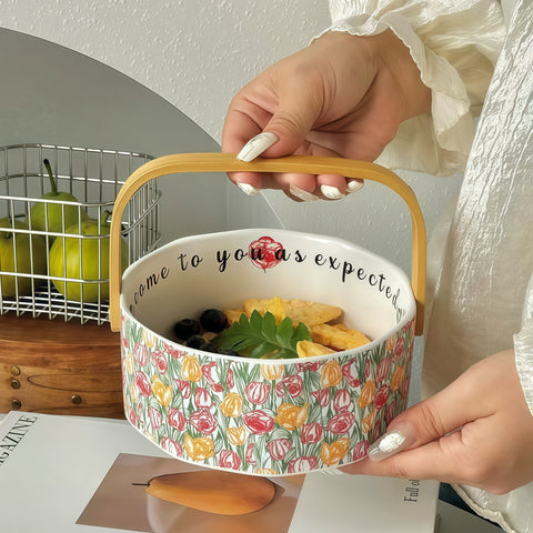 Vintage Ceramic Handled Fruit Basket Bowl