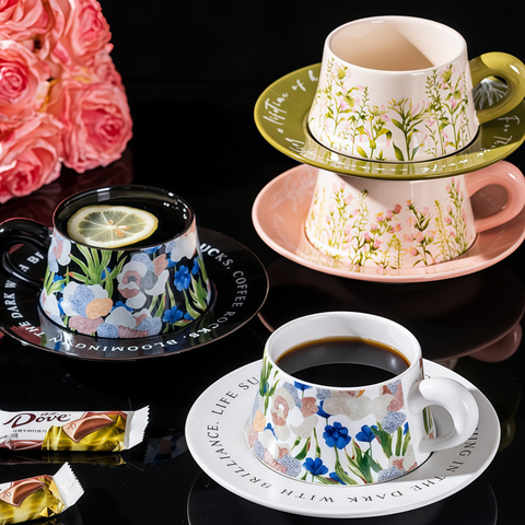 close-up of watercolor iris pattern on ceramic cup & saucer