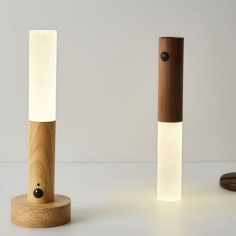 elegant wood-grain portable night light glowing in hallway scene from Gallery of Use