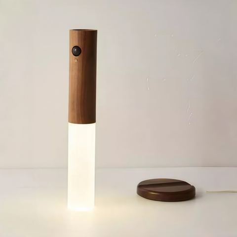 elegant wood-grain portable night light glowing in hallway scene from Gallery of Use