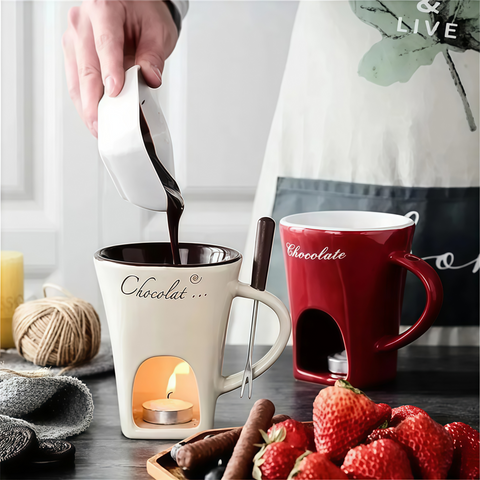 Ceramic Chocolate Melting Mug Set (Mini Fondue Cup + Fork)