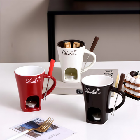 Ceramic Chocolate Melting Mug Set (Mini Fondue Cup + Fork)