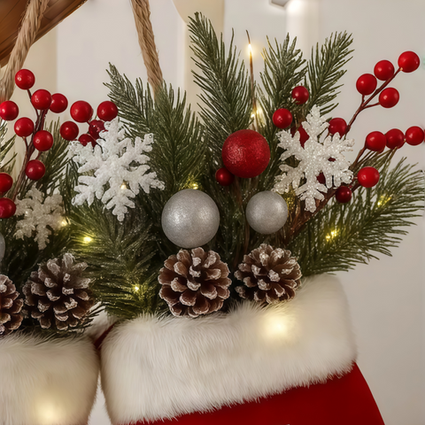 close-up of Christmas gloves wreath with charming details