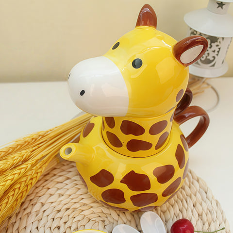 Cute Giraffe Stackable Ceramic Tea Mug Set (Pot + Cup)