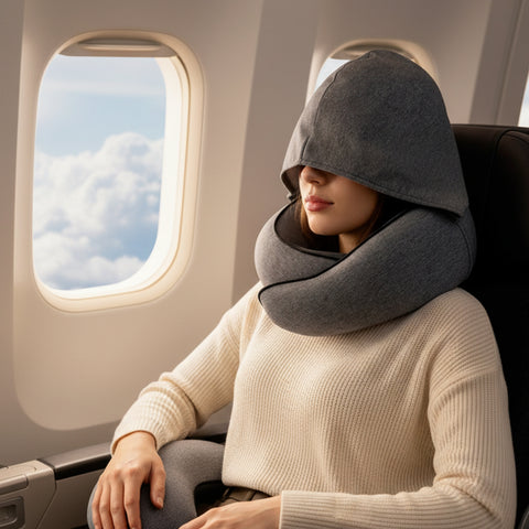 hooded neck pillow used on airplane seat or cozy travel setup from Gallery of Use