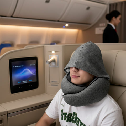 hooded neck pillow used on airplane seat or cozy travel setup from Gallery of Use
