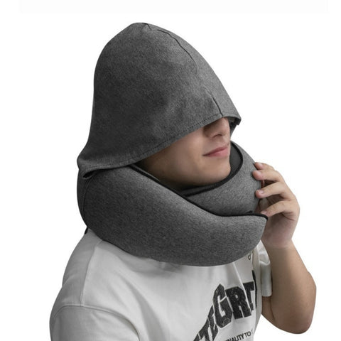 hooded memory foam travel neck pillow in soft display from Gallery of Use