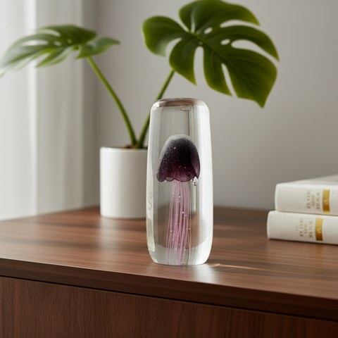 ethereal liuli jellyfish sculpture resting on a serene display shelf from Gallery of Use