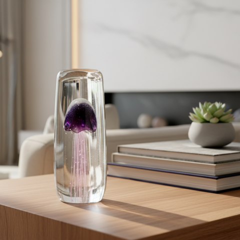 ethereal liuli jellyfish sculpture resting on a serene display shelf from Gallery of Use