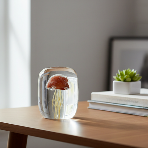 ethereal liuli jellyfish sculpture resting on a serene display shelf from Gallery of Use