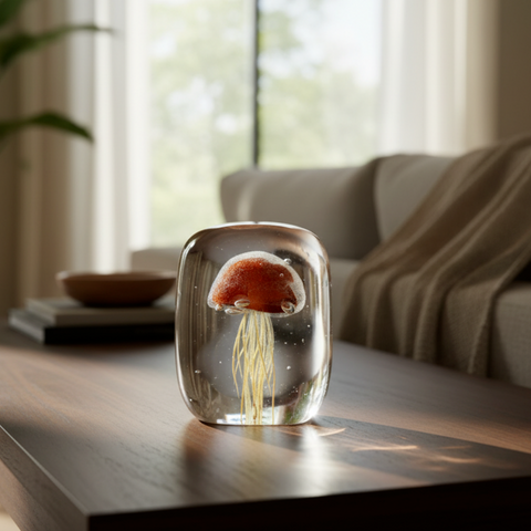 ethereal liuli jellyfish sculpture resting on a serene display shelf from Gallery of Use