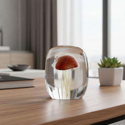 ethereal liuli jellyfish sculpture resting on a serene display shelf from Gallery of Use