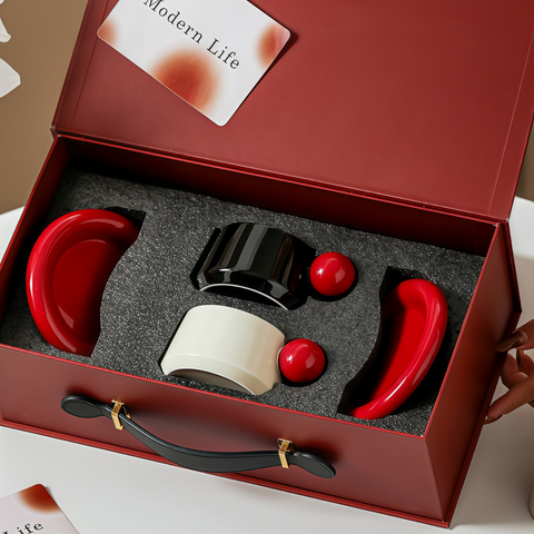 red-ball cup & saucer gift set on warm tabletop for gifting