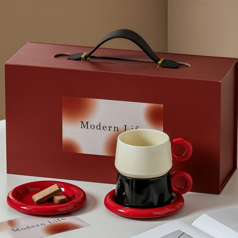 red-ball cup & saucer gift set on warm tabletop for gifting
