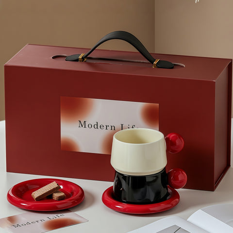 red-ball cup & saucer gift set on warm tabletop for gifting
