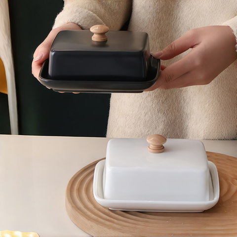 Nordic ceramic butter dish resting neatly on a cozy breakfast table from Gallery of Use