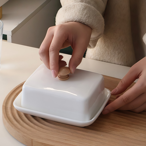 Nordic ceramic butter dish resting neatly on a cozy breakfast table from Gallery of Use