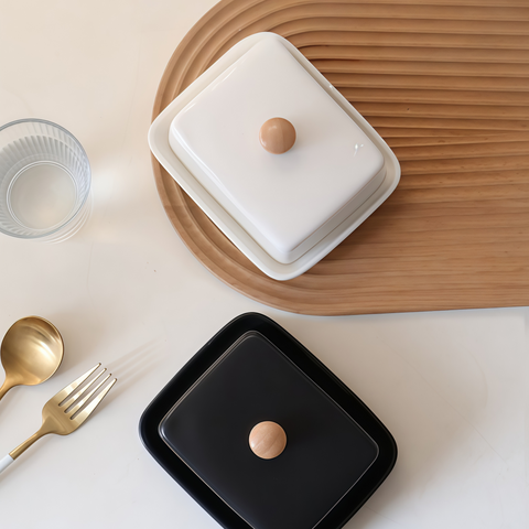 Nordic ceramic butter dish resting neatly on a cozy breakfast table from Gallery of Use