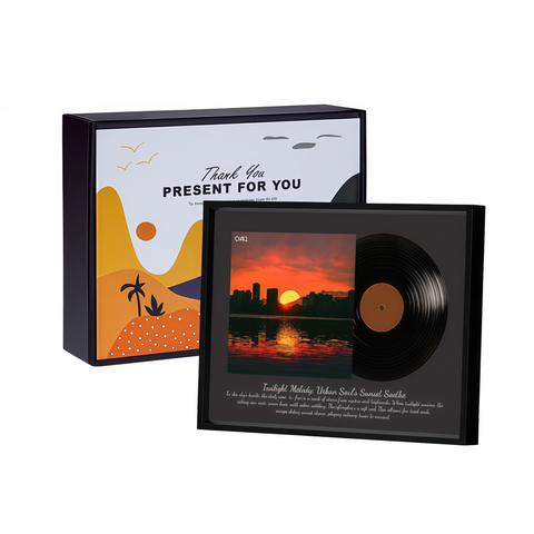 retro vinyl-style speaker frame glowing softly in cozy room scene