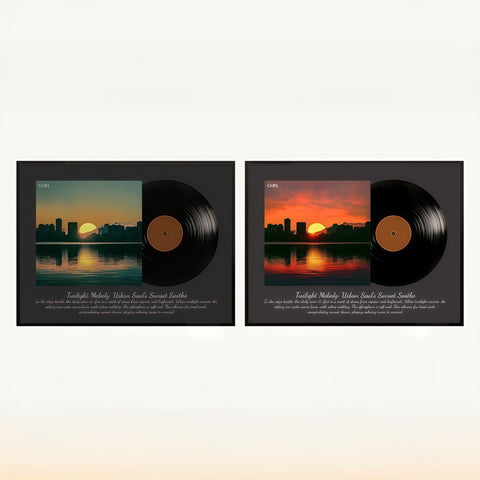 retro vinyl-style speaker frame glowing softly in cozy room scene