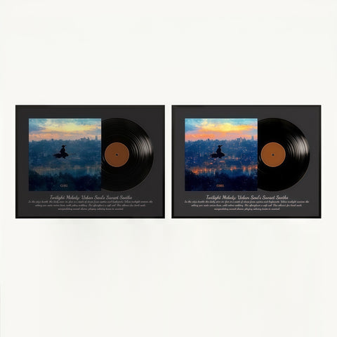 retro vinyl-style speaker frame glowing softly in cozy room scene