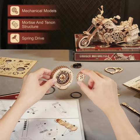 close-up of wooden puzzle parts and intricate motorcycle details