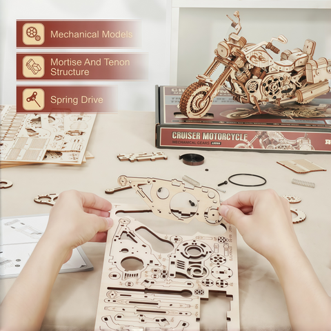 close-up of wooden puzzle parts and intricate motorcycle details