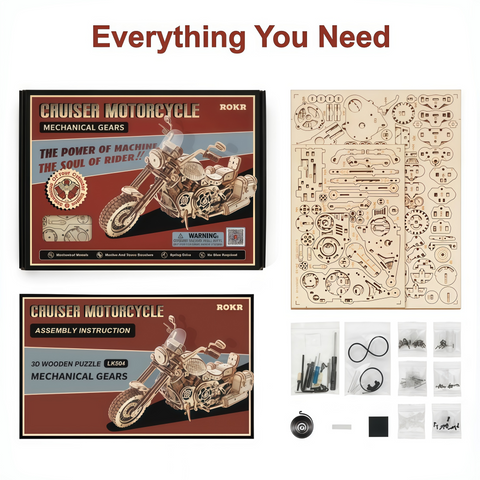 close-up of wooden puzzle parts and intricate motorcycle details