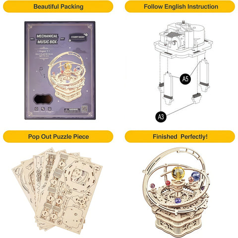 Rotating Starry Night Orrery Mechanical Music Box 3D Wooden Puzzle (84pcs)