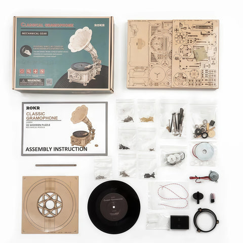 DIY Hand-Crank Classic Gramophone Wooden Puzzle Kit (LKB01, 424pcs)