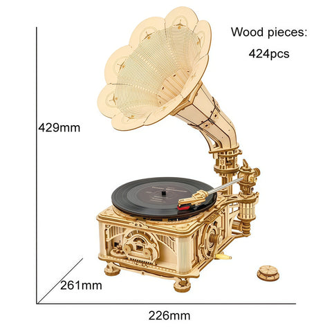 DIY Hand-Crank Classic Gramophone Wooden Puzzle Kit (LKB01, 424pcs)
