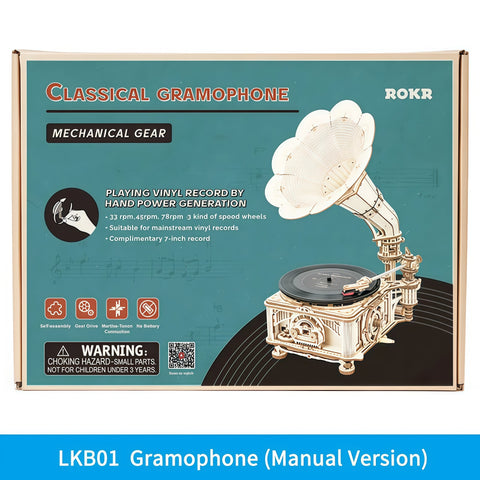 DIY Hand-Crank Classic Gramophone Wooden Puzzle Kit (LKB01, 424pcs)