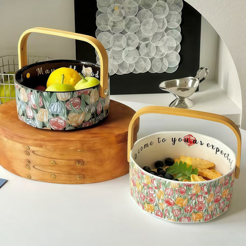 Vintage Ceramic Handled Fruit Basket Bowl