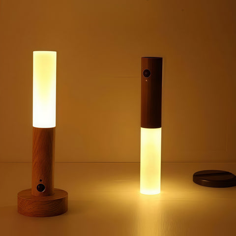elegant wood-grain portable night light glowing in hallway scene from Gallery of Use